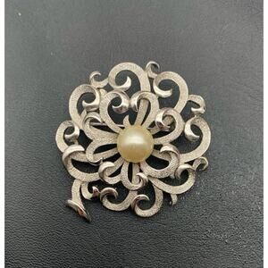 Vintage Crown Trifari Swirl Flower Silver Tone Faux Pearl Brooch Signed